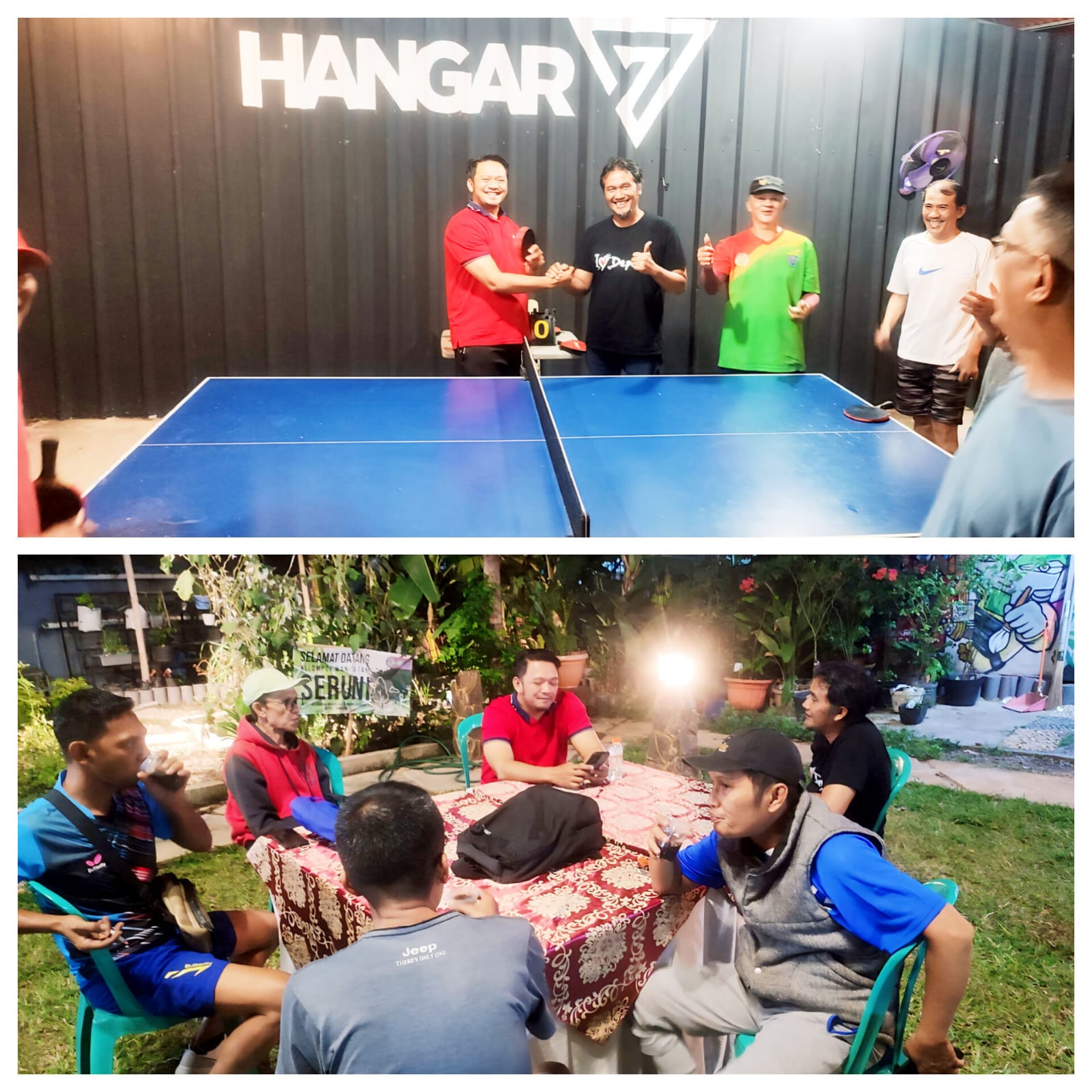 Hengky berjabat tangan dengan Ketua RW 07 bentuk kebersamaan dan keakraban acara pertandingan persahabatan tenis meja (atas), Hengky sesi ngopi bareng dengan warga RW 01/07, sesi ngobrol santai. (dok. Harianesia)