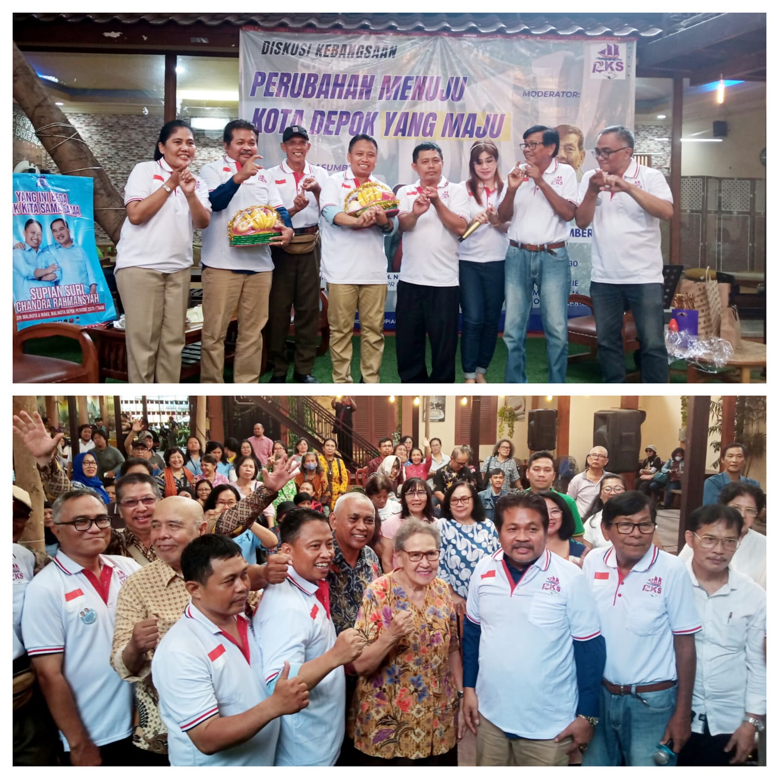 Supian Suri dan Nuroji, sesi foto bersama dengan struktur RKS. (atas), Calon Wali kota, Supian Suri dan anggota DPR RI, Ir. Nuroji, foto bersama peserta diskusi, (bawah). (dok. Harianesia.com)