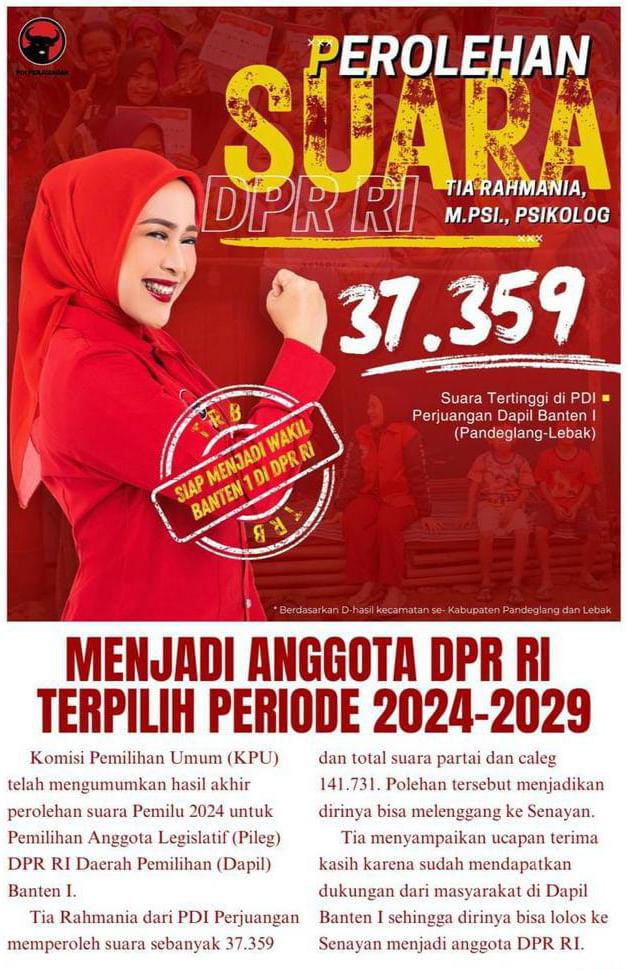 Tia Rahmania Caleg DPR RI Dapil Banten 1, (dengan Perolehan Suara Terbanyak Kedua dengan Total 37.359 Suara)