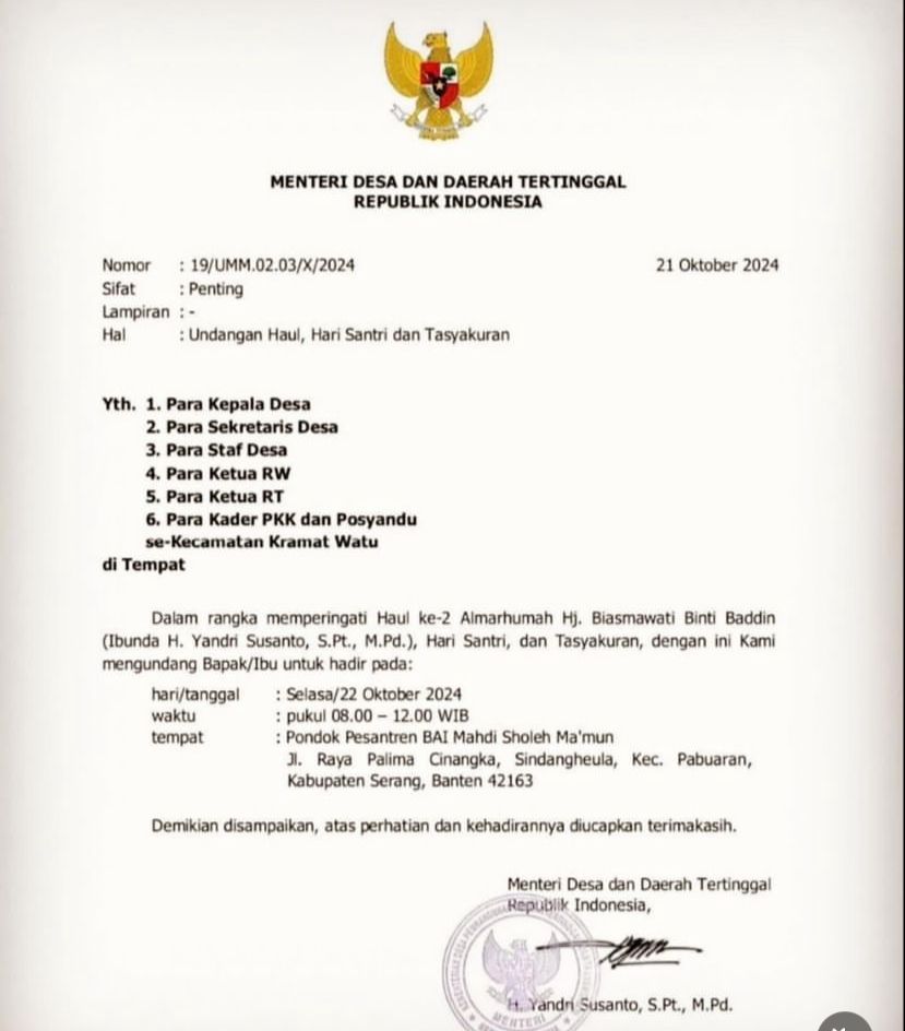 Baru Dilantik Jadi Mentri, Acara Haul Ibunda, Yandri Kirim Undangan Pakai Kop Surat Kemendes 2