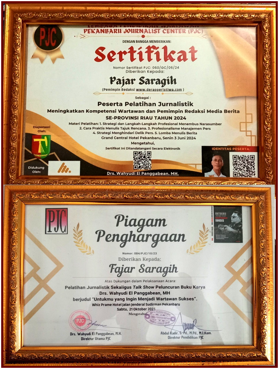 Piagam Penghargaan Yang diterima nya , sebagai peserta pelatihan Jurnalistik